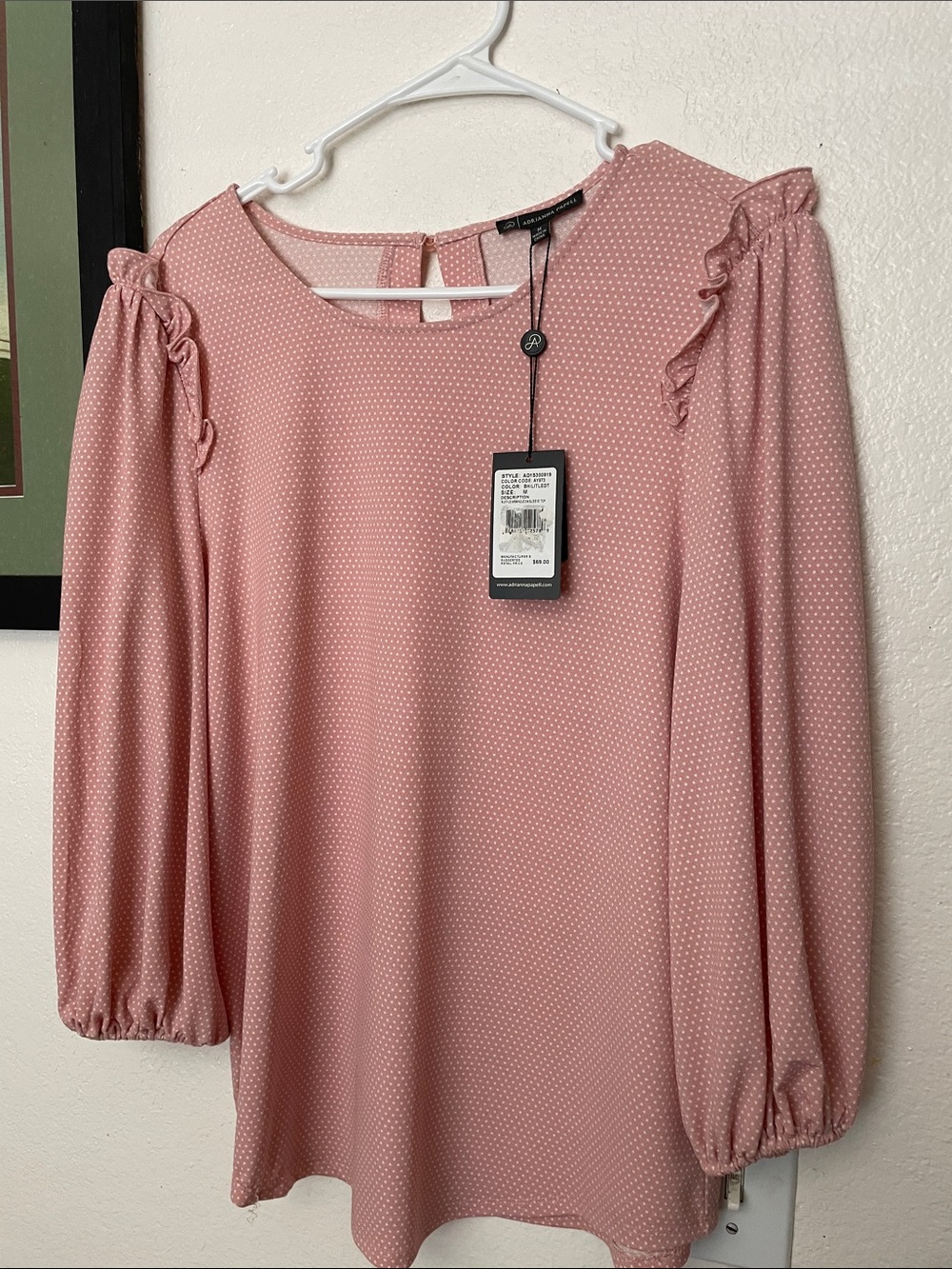 Adrianna Papell Pink Polka Dot Ruffle Sleeve Top Tag